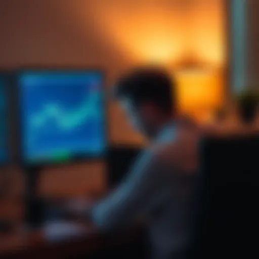 A frustrated trader sitting at a desk with a computer showing a trading platform, their hands on their head, indicating stress over a frozen account.