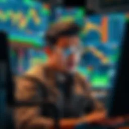 A frustrated day trader looking at multiple screens filled with crypto charts and data, showing signs of concern and disappointment.