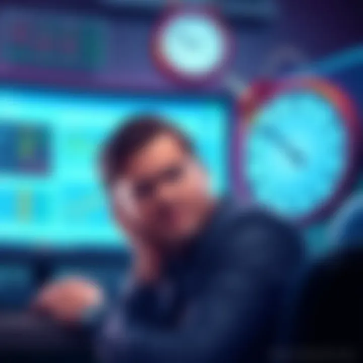 A trader looks worried while checking their computer with a screen showing a frozen account. A clock symbolizes the long wait for $20,000 to be released.
