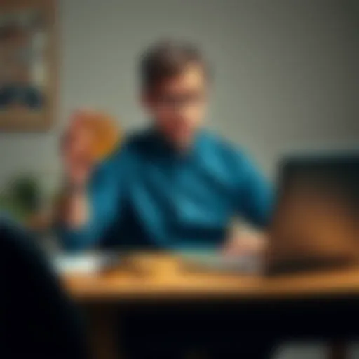 A person sitting at a desk looking worried while holding a Bitcoin symbol, with a laptop displaying a loan application on the screen