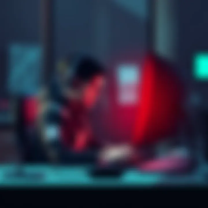 A person sitting at a desk looking frustrated while using a computer, representing delayed cryptocurrency transfer issues on Kraken.