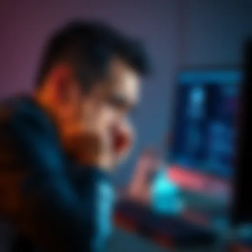 A person showing frustration while trying to manage their account on a computer with pop-up notifications visible.