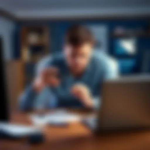 A person sitting at a desk with a troubled expression, holding a Ledger Nano S device. Papers and a laptop are nearby, showing their frustration with support issues after a firmware update.