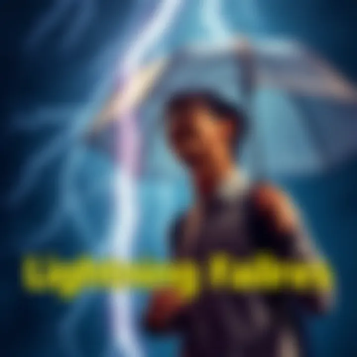 A person comically startled by a lightning strike while holding a wet umbrella, capturing the moment of surprise and laughter.
