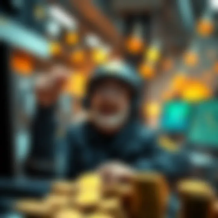 A humorous depiction of Bitcoin mining with a miner celebrating after a successful block, surrounded by coins and a computer setup.