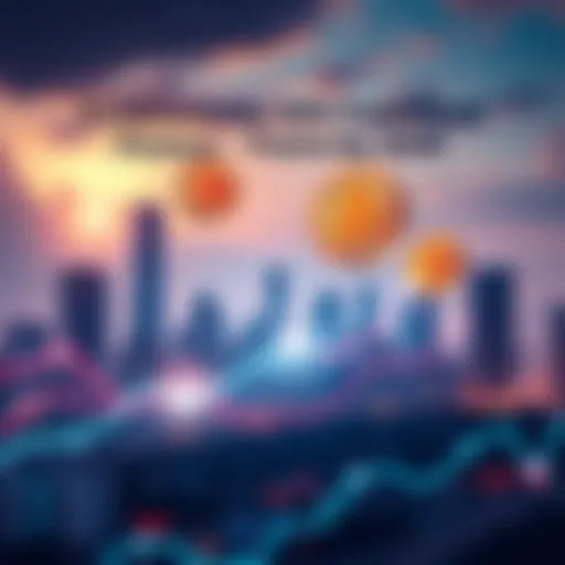 A digital illustration showing stablecoins represented as coins floating above a city skyline with graphs displaying growth and innovation in finance.
