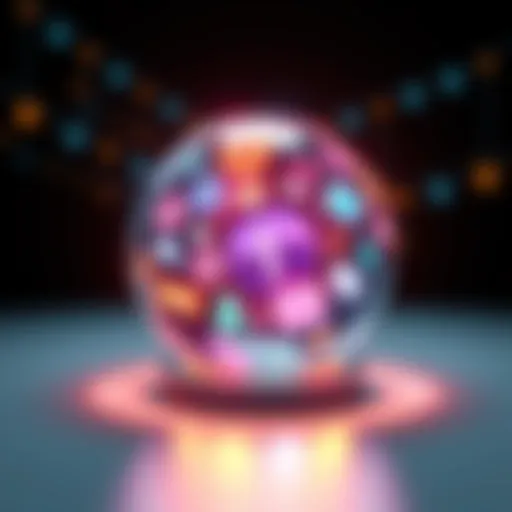 A crystal ball glowing with various icons representing different sectors like technology, healthcare, and environment, symbolizing future trends.
