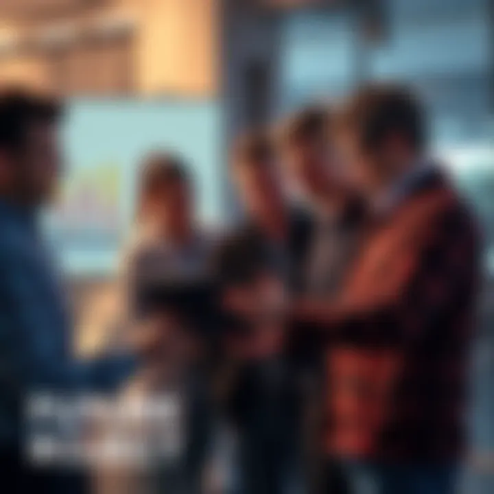 A group of people discussing plans on a digital tablet with graphs and charts in the background, symbolizing future project paths.