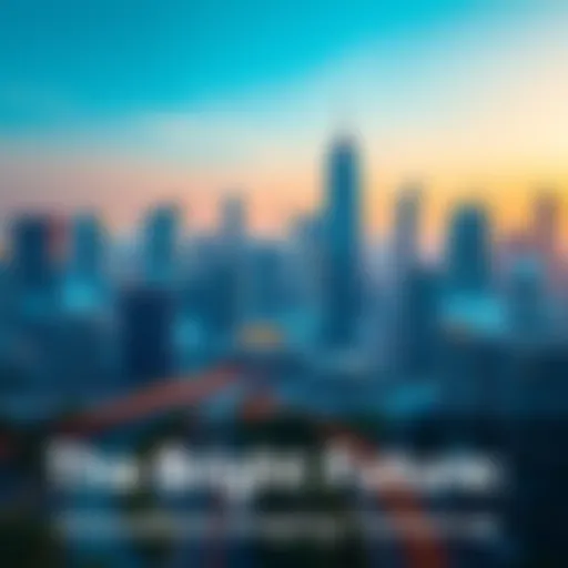A vibrant city skyline showcasing advanced technology, with smart buildings and green spaces under a clear blue sky.