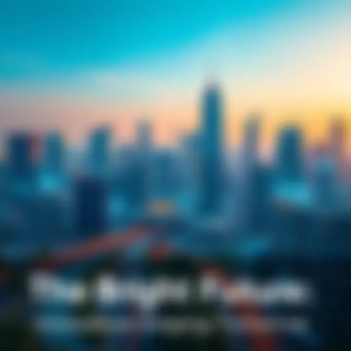 A vibrant city skyline showcasing advanced technology, with smart buildings and green spaces under a clear blue sky.