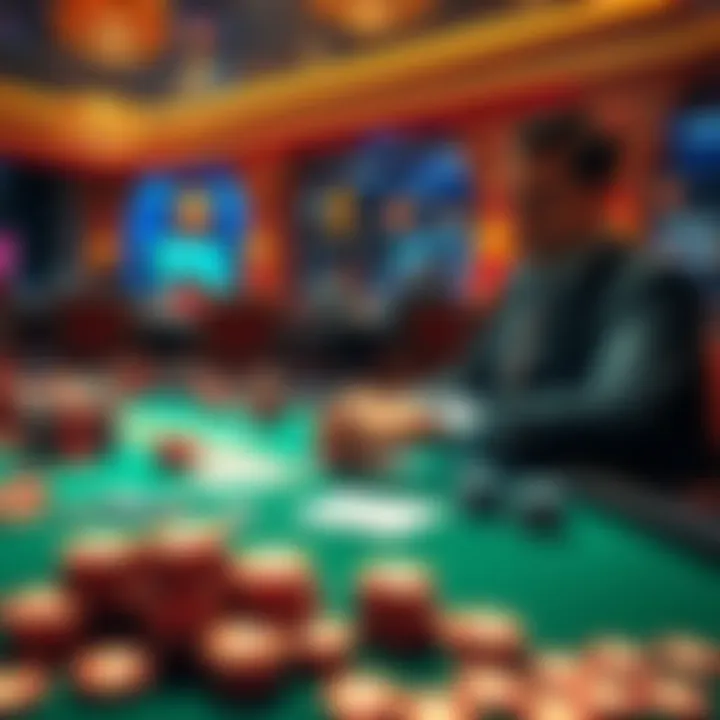 A person at a casino table surrounded by poker chips and cards, representing high-stakes gambling dreams and losses.