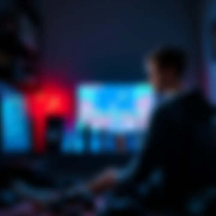 A gamer sits in a dimly lit room, looking thoughtfully at a computer screen displaying a nostalgic game, with controllers scattered nearby.