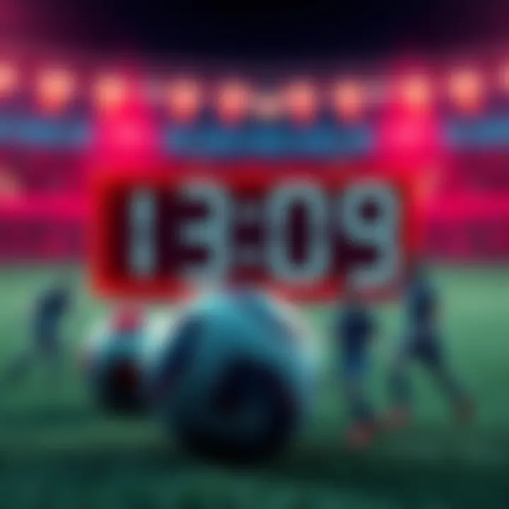 A digital countdown timer displaying rewards for a gameweek alongside a soccer ball and player figures.