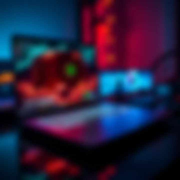 A high-performance gaming laptop with a glowing keyboard and a graphics card displayed on the screen, suggesting cryptocurrency mining activity.