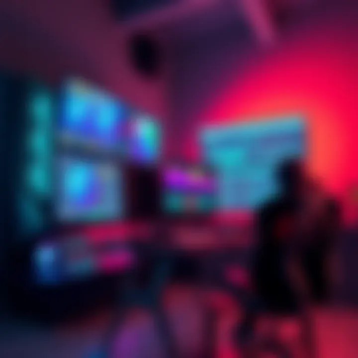A gaming PC setup with multiple screens displaying cryptocurrency mining software and AI tools.