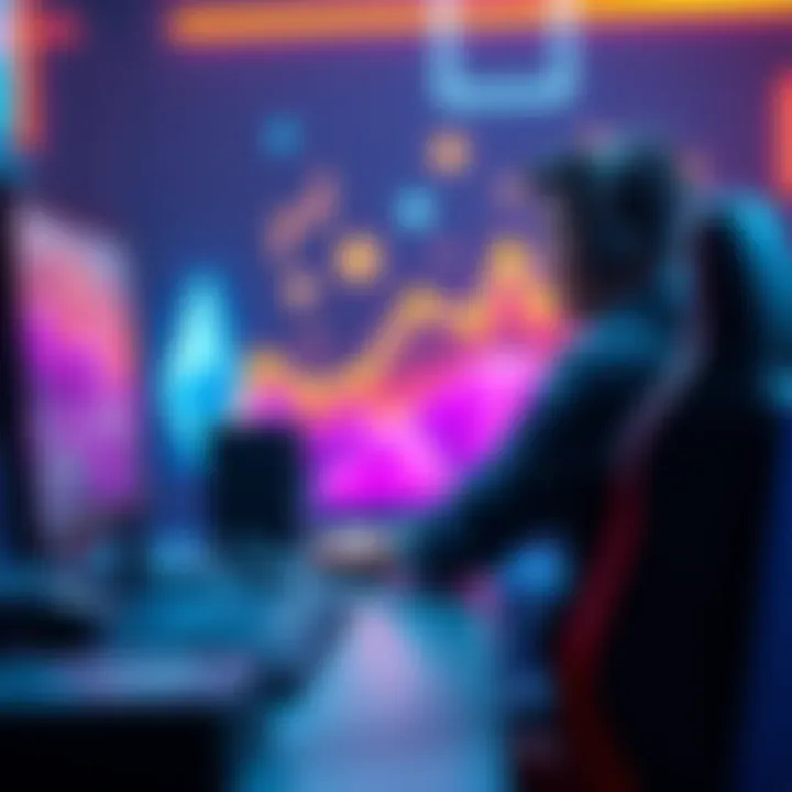 A player enjoying a video game on a computer with blockchain symbols in the background, illustrating decentralized gaming.