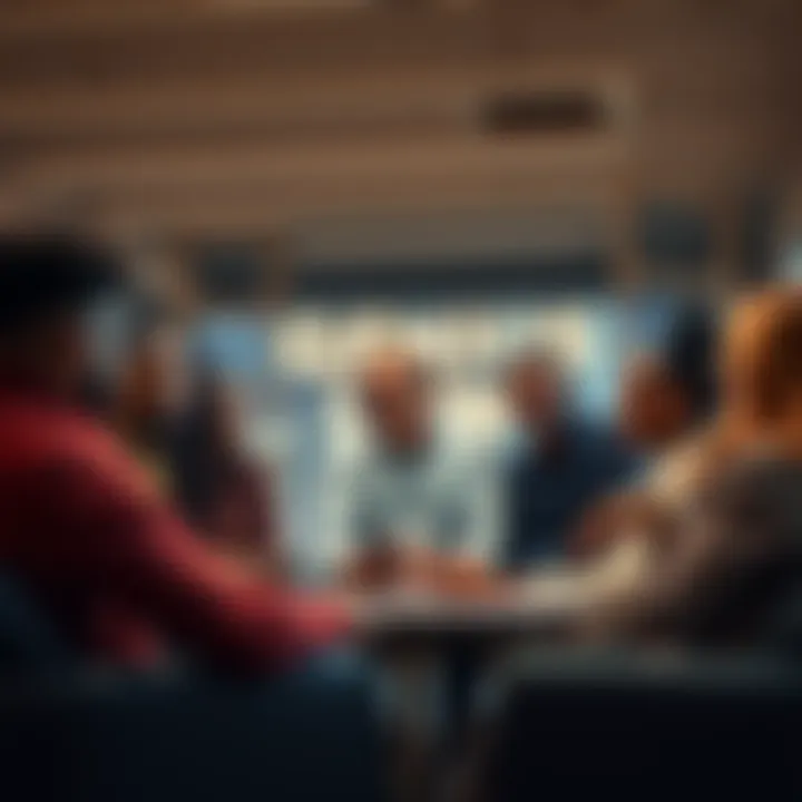 A group of diverse people discussing the Genius Law in a modern setting.