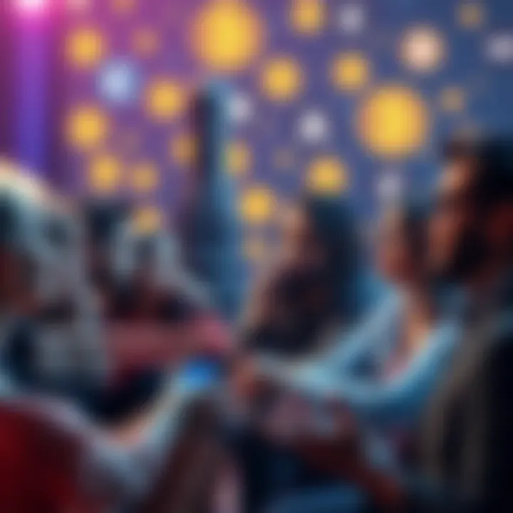 A group of diverse individuals discussing cryptocurrency, showcasing a mix of genuine influencers and skeptical viewers, with digital currency symbols in the background.