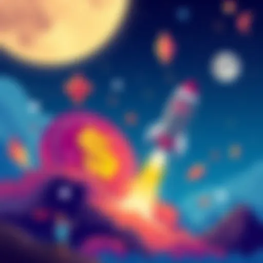 Illustration showing $GEOFF coin with vibrant colors, a rocket launching, and symbols of community engagement, representing the upcoming DegenMoon app and staking opportunities.