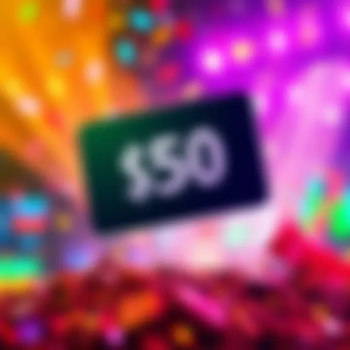 A promotional image featuring a $50 gift card with a colorful background and excitement around winning, illustrating a superdraw event.