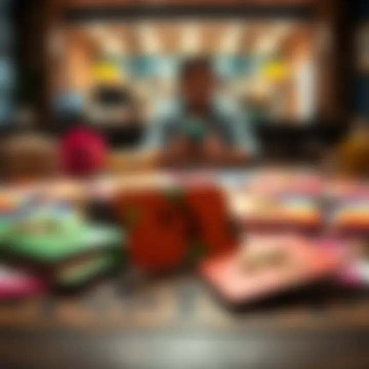A table with colorful gift cards, focusing on a $3 card that is partly obscured, showing a frustrated person looking at a smartphone in the background.