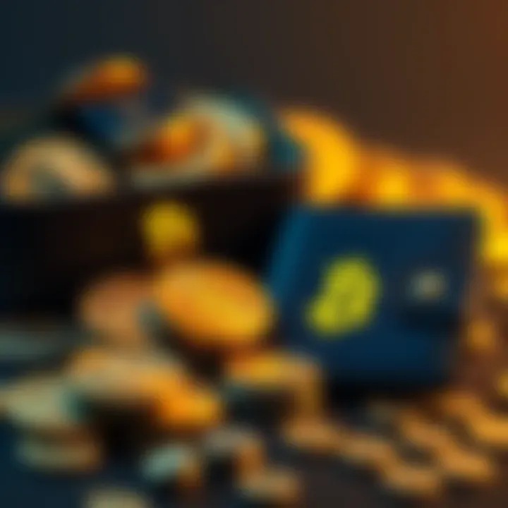 A collection of gold coins next to a digital wallet displaying cryptocurrency icons, symbolizing the purchase of gold with crypto.
