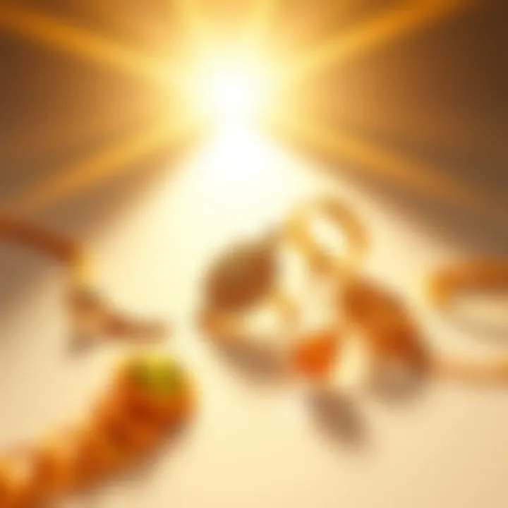 A close-up view of gold jewelry pieces reflecting sunlight, illustrating their color and shine against a neutral background.