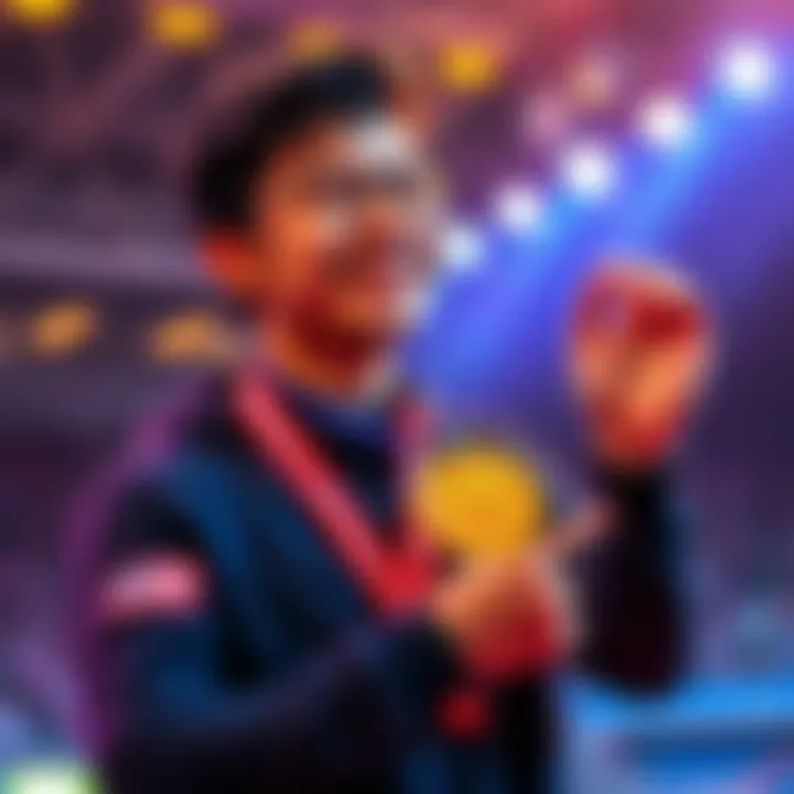 A person proudly holding a gold medal after finishing first in a competition, smiling with joy.