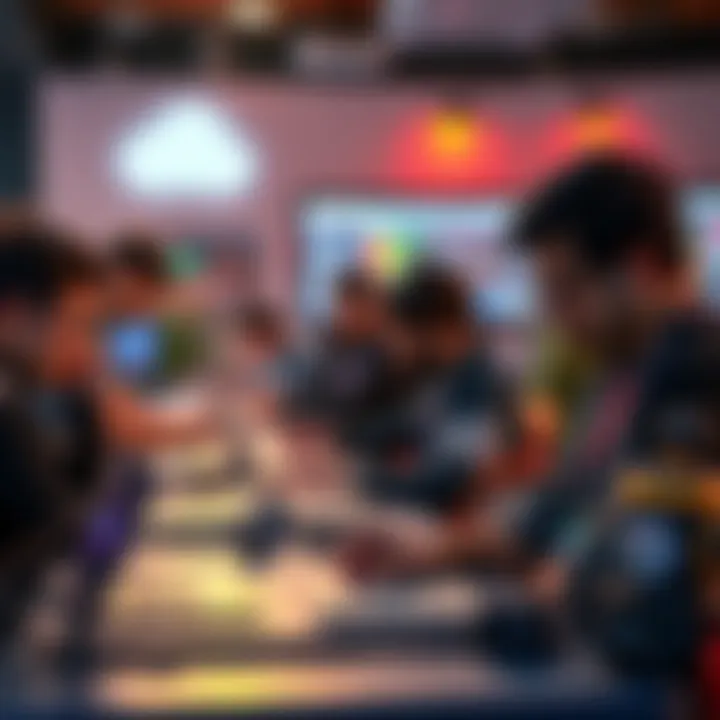 A group of developers working together on laptops during a hackathon event, focused on building intelligent agents for Google Cloud.
