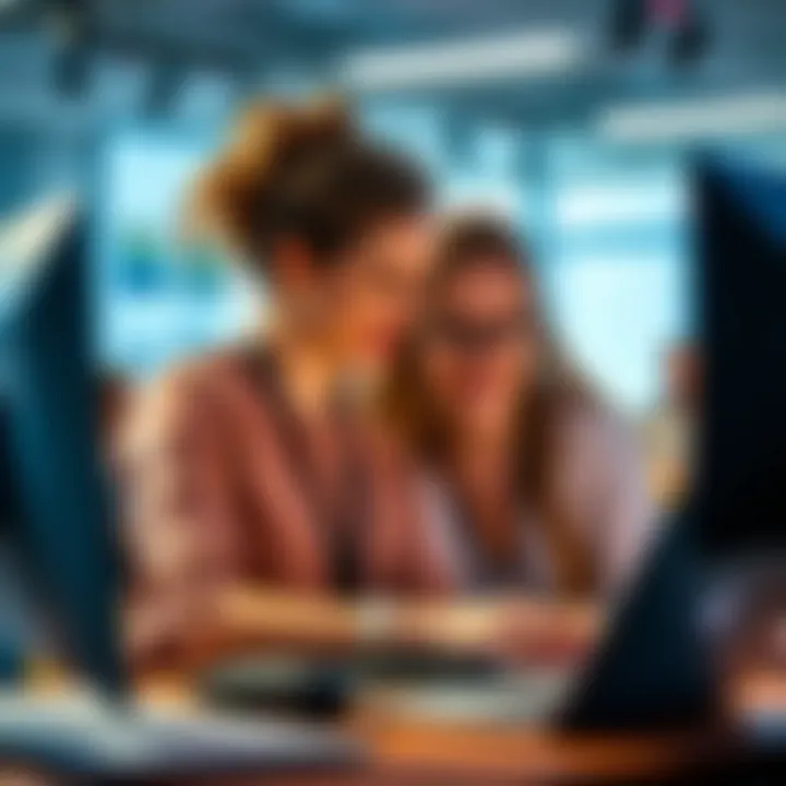 Two women collaborating on a project during a Google hackathon, working on presentations and ideas.