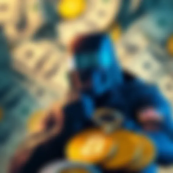 A visual representation of a government figure overseeing Bitcoin transactions with dollar bills in the background, symbolizing financial control and monitoring.