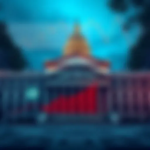 A visual representation of a government building with financial charts and XRP logos overlaying, symbolizing the impact of a government shutdown on SEC decisions regarding ETFs.