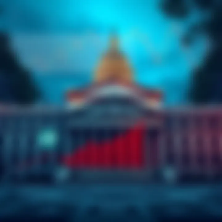 A visual representation of a government building with financial charts and XRP logos overlaying, symbolizing the impact of a government shutdown on SEC decisions regarding ETFs.