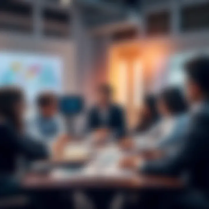 A group of professionals discussing insights from one-on-one meetings, with charts and notes on a table.