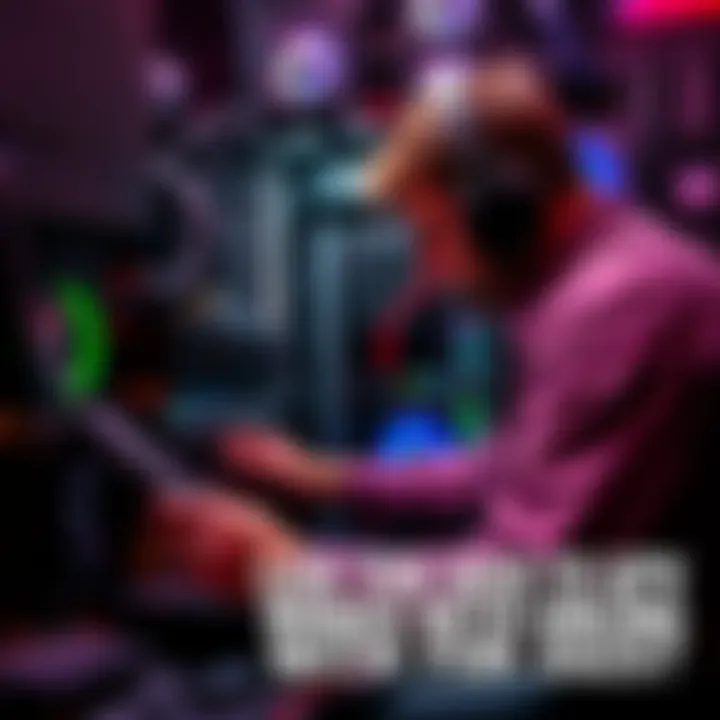 A person assembling a GPU mining rig, with multiple graphics cards and computer parts visible, focused on optimizing cryptocurrency mining for profit.