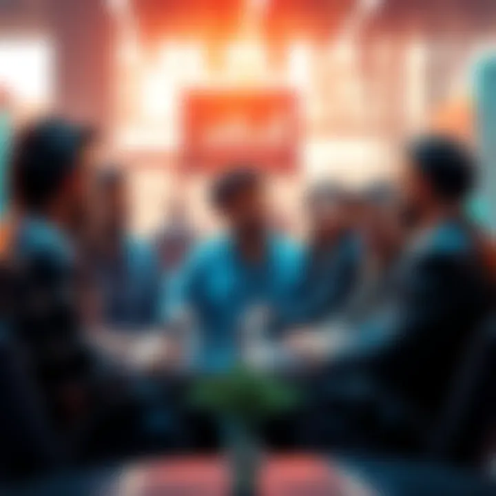 A diverse group of people engaged in a lively discussion about current events and trading strategies in a bright, modern setting.