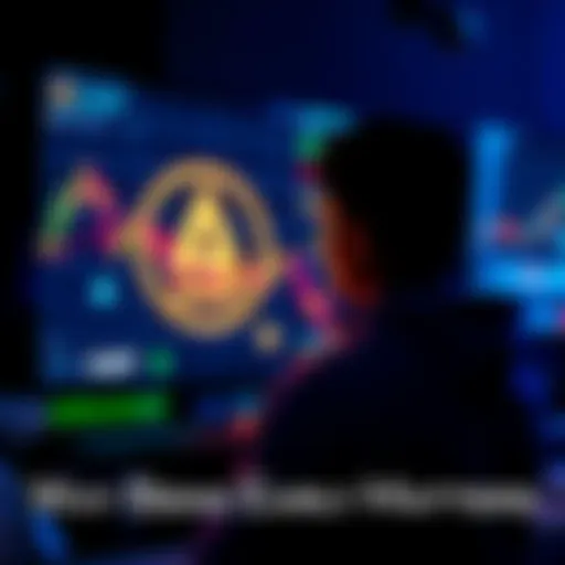 A person looking at a digital screen showing rising cryptocurrency charts with AMP logo in the background