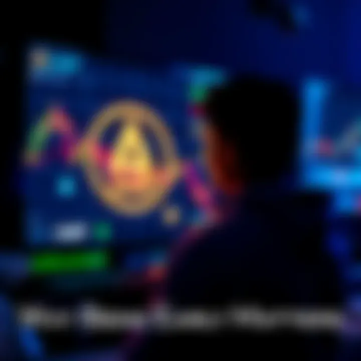 A person looking at a digital screen showing rising cryptocurrency charts with AMP logo in the background