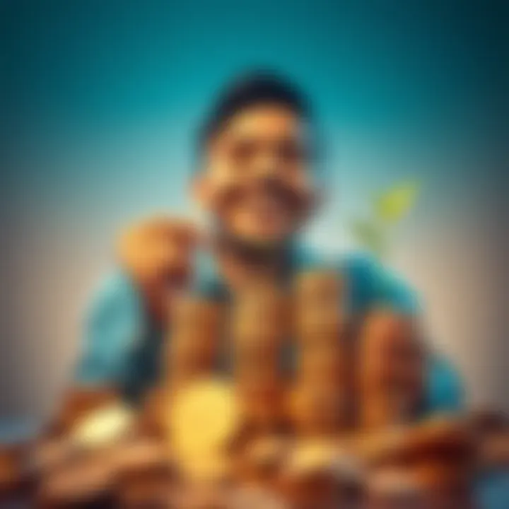 A person happily stacking coins, representing financial growth from small investments.