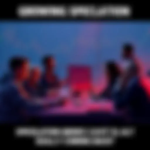 A group of diverse people discussing cryptocurrency trends around a table with charts and graphs showing market movements.