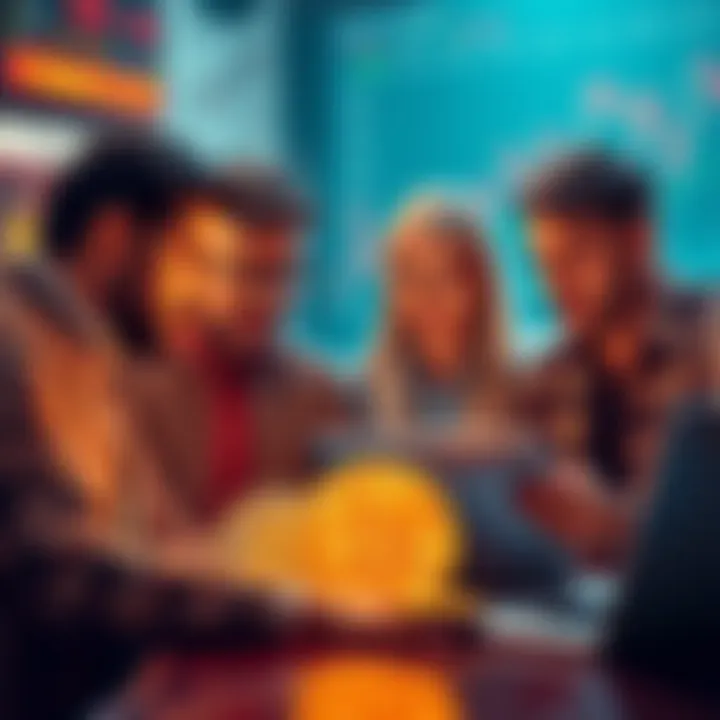 A group of Americans discussing Bitcoin investment opportunities with charts and laptops