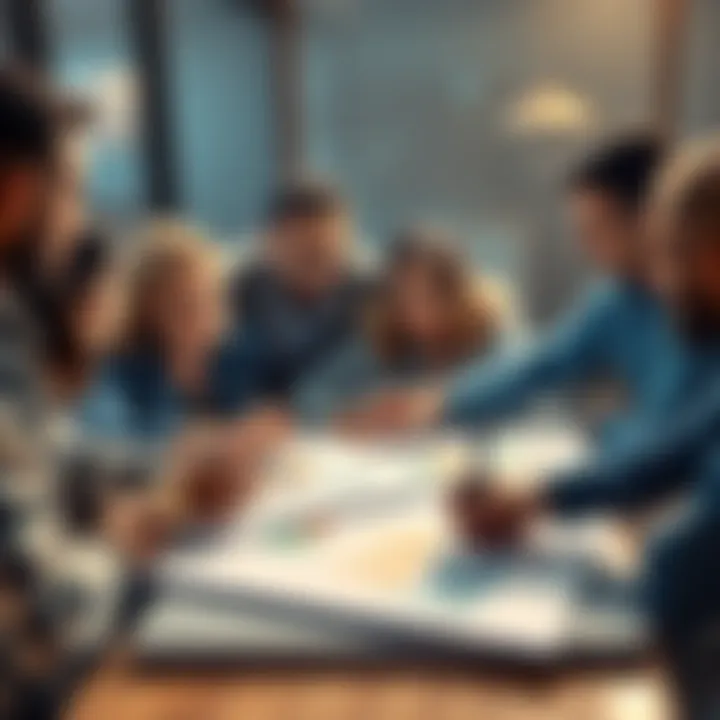 A group of diverse people discussing plans on a large notebook with charts and graphs showing growth targets.