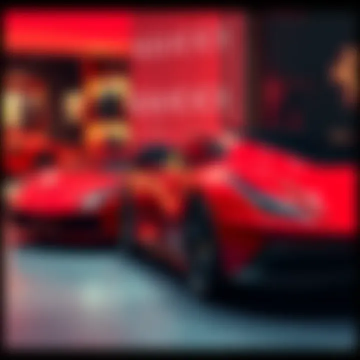 A stylish Ferrari car parked next to a Gucci fashion display featuring clothing and accessories. The scene illustrates the blend of luxury fashion and automotive design.