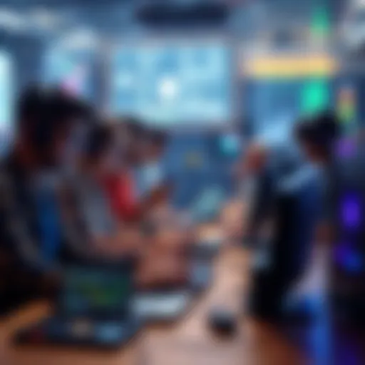 A diverse group of developers brainstorming and coding at a hackathon event, surrounded by computers and tech gadgets.