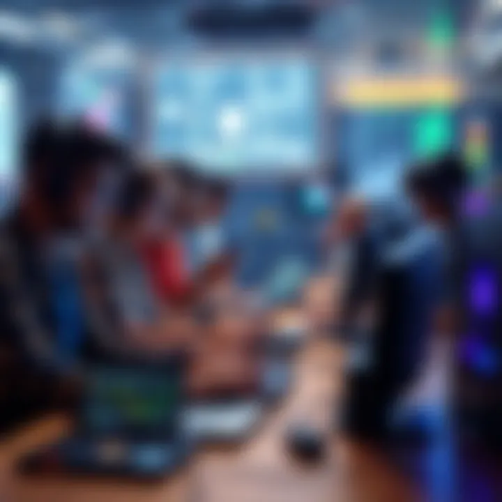 A diverse group of developers brainstorming and coding at a hackathon event, surrounded by computers and tech gadgets.