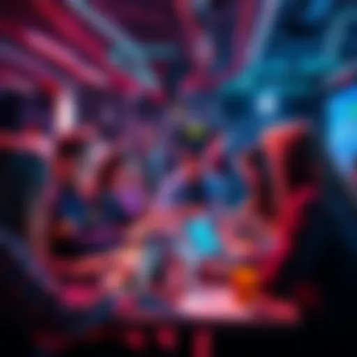 A vibrant scene showing people engaging in a hackathon, brainstorming ideas with laptops and notes, showcasing collaboration and creativity.