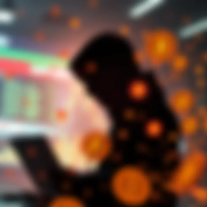 A representation of a cyber attack with a hacker silhouette and cryptocurrency symbols, showing the theft of funds from an Iranian crypto exchange.