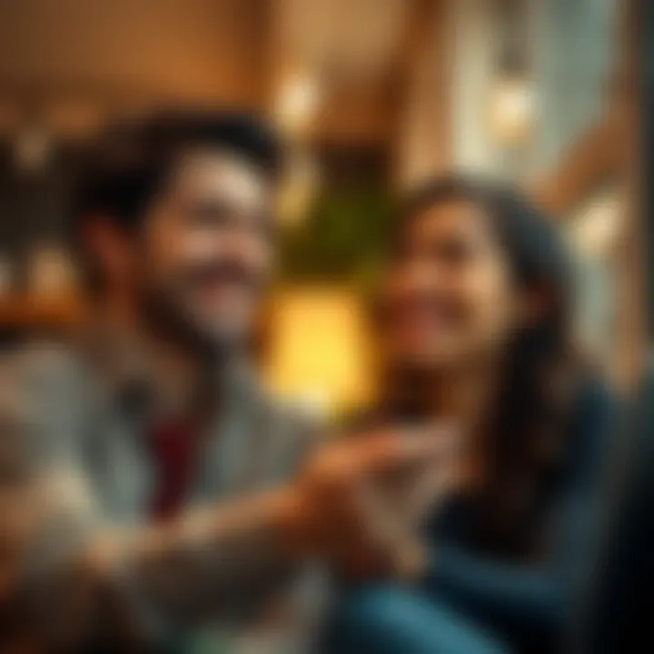 A couple enjoying a joyful moment together, smiling and sharing a genuine connection in a cozy setting.
