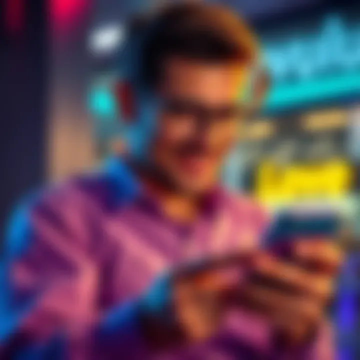 A satisfied customer smiles while using the Revolut banking app on their smartphone, showcasing a user-friendly interface and seamless banking experience.