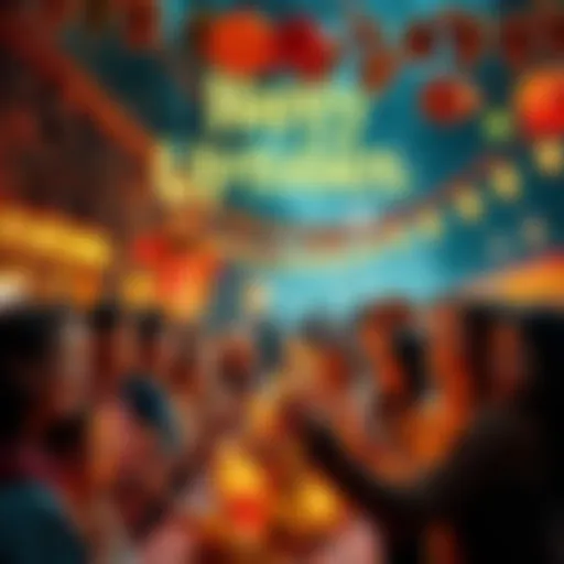 A community gathering with people enjoying festivities, colorful decorations, and smiling faces during October.
